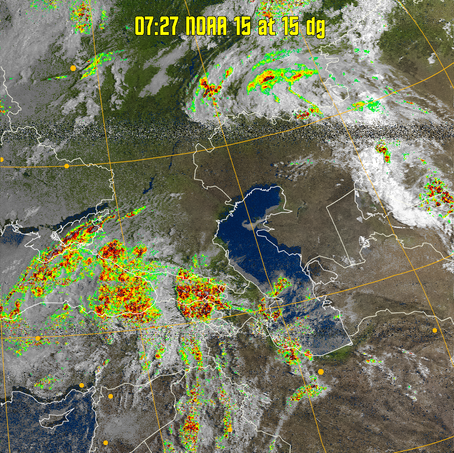 MSA-precip:
Same as MSA multispectral analysis, but high cold cloud tops are coloured the
same as the NO enhancement to give an approximate indication of the probability
and intensity of precipitation.