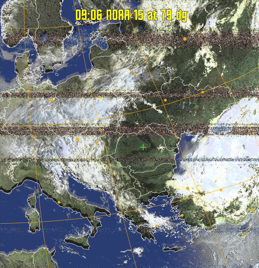 HVCT:
Similar to HVC, but with blue water and with colours more indicative of
land temperatures.
HVC:
Creates a false colour image from NOAA APT images based on temperature using
the HVC colour model. Uses the temperature derived from the sensor 4 image to
select the hue and the brightness from the histogram equalised other image to
select the value and chroma. The HVC colour model attempts to ensure that different colours at the same value will appear to the eye to be the same brightness
and the spacing between colours representing each degree will appear to the eye to
be similar. Bright areas are completely unsaturated in this model.