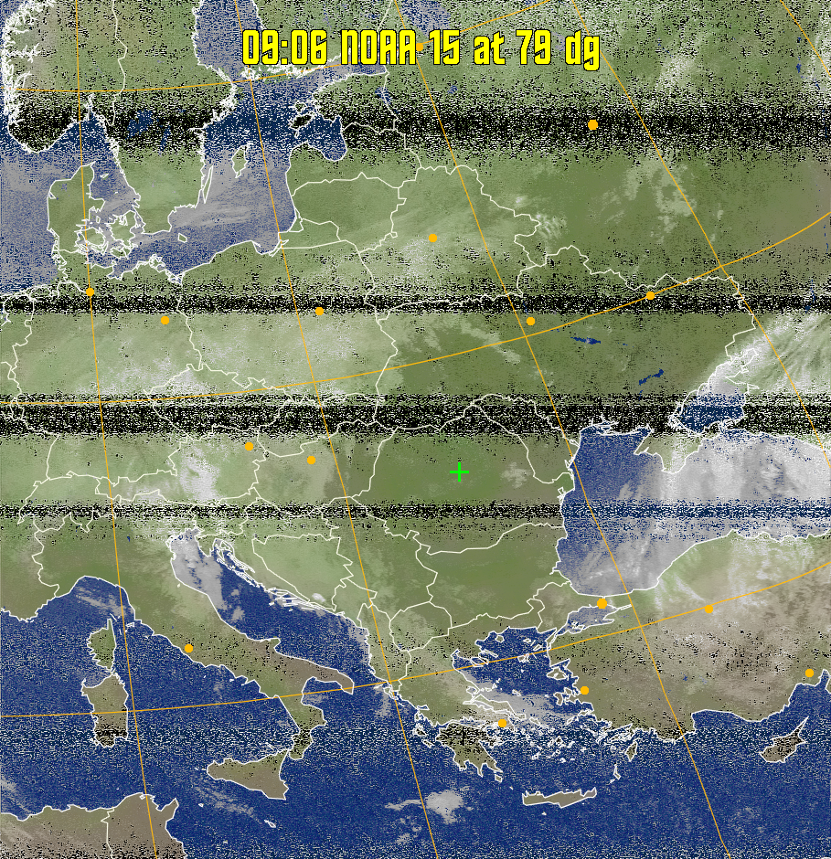 MCIR-precip: 
Colours the NOAA sensor 4 IR image using a map to colour the sea blue and land
green. High clouds appear white, lower clouds gray or land/sea coloured, clouds
generally appear lighter, but distinguishing between land/sea and low cloud may
be difficult. Darker colours indicate warmer regions.