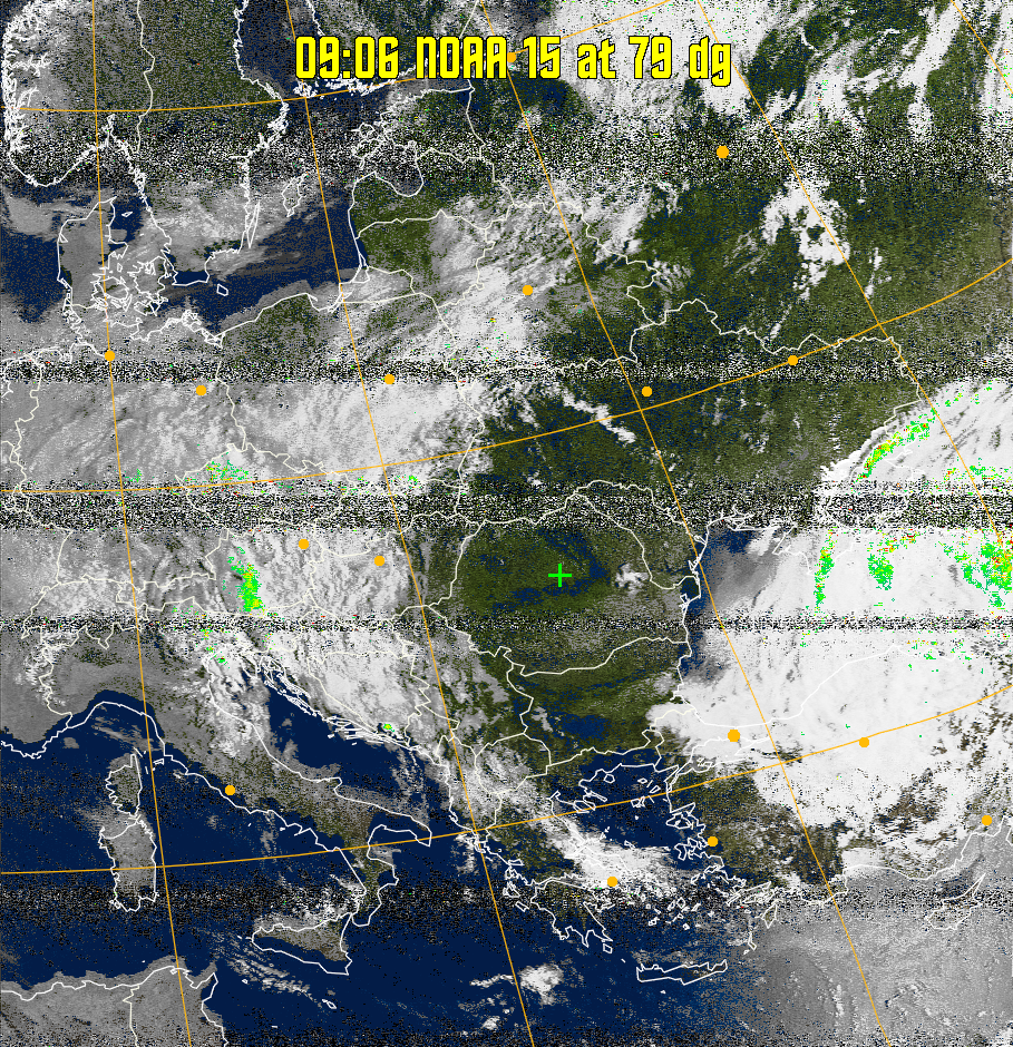 MSA-precip:
Same as MSA multispectral analysis, but high cold cloud tops are coloured the
same as the NO enhancement to give an approximate indication of the probability
and intensity of precipitation.