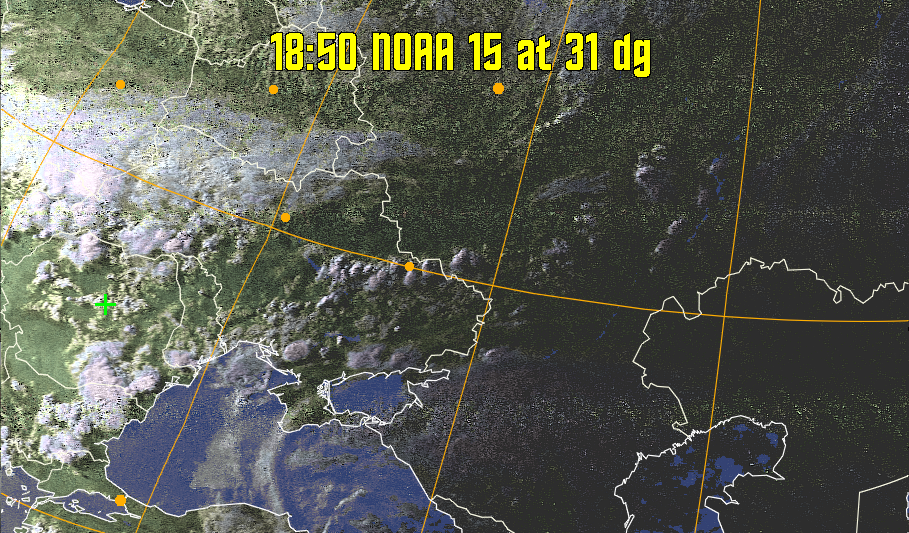 HVCT:
Similar to HVC, but with blue water and with colours more indicative of
land temperatures.
HVC:
Creates a false colour image from NOAA APT images based on temperature using
the HVC colour model. Uses the temperature derived from the sensor 4 image to
select the hue and the brightness from the histogram equalised other image to
select the value and chroma. The HVC colour model attempts to ensure that different colours at the same value will appear to the eye to be the same brightness
and the spacing between colours representing each degree will appear to the eye to
be similar. Bright areas are completely unsaturated in this model.
