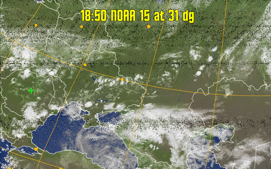 MCIR-precip: 
Colours the NOAA sensor 4 IR image using a map to colour the sea blue and land
green. High clouds appear white, lower clouds gray or land/sea coloured, clouds
generally appear lighter, but distinguishing between land/sea and low cloud may
be difficult. Darker colours indicate warmer regions.