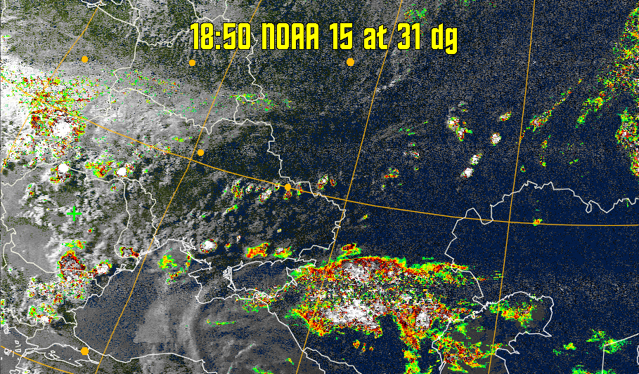 MSA-precip:
Same as MSA multispectral analysis, but high cold cloud tops are coloured the
same as the NO enhancement to give an approximate indication of the probability
and intensity of precipitation.