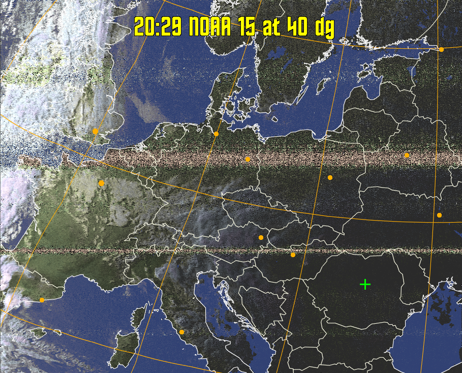 HVCT:
Similar to HVC, but with blue water and with colours more indicative of
land temperatures.
HVC:
Creates a false colour image from NOAA APT images based on temperature using
the HVC colour model. Uses the temperature derived from the sensor 4 image to
select the hue and the brightness from the histogram equalised other image to
select the value and chroma. The HVC colour model attempts to ensure that different colours at the same value will appear to the eye to be the same brightness
and the spacing between colours representing each degree will appear to the eye to
be similar. Bright areas are completely unsaturated in this model.