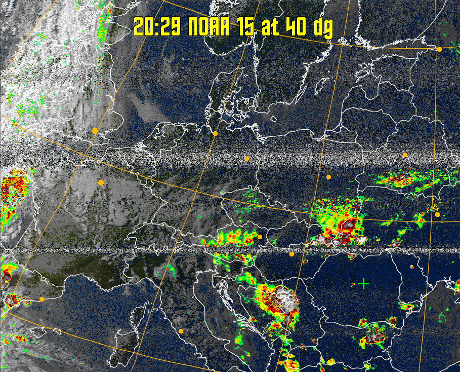 MSA-precip:
Same as MSA multispectral analysis, but high cold cloud tops are coloured the
same as the NO enhancement to give an approximate indication of the probability
and intensity of precipitation.