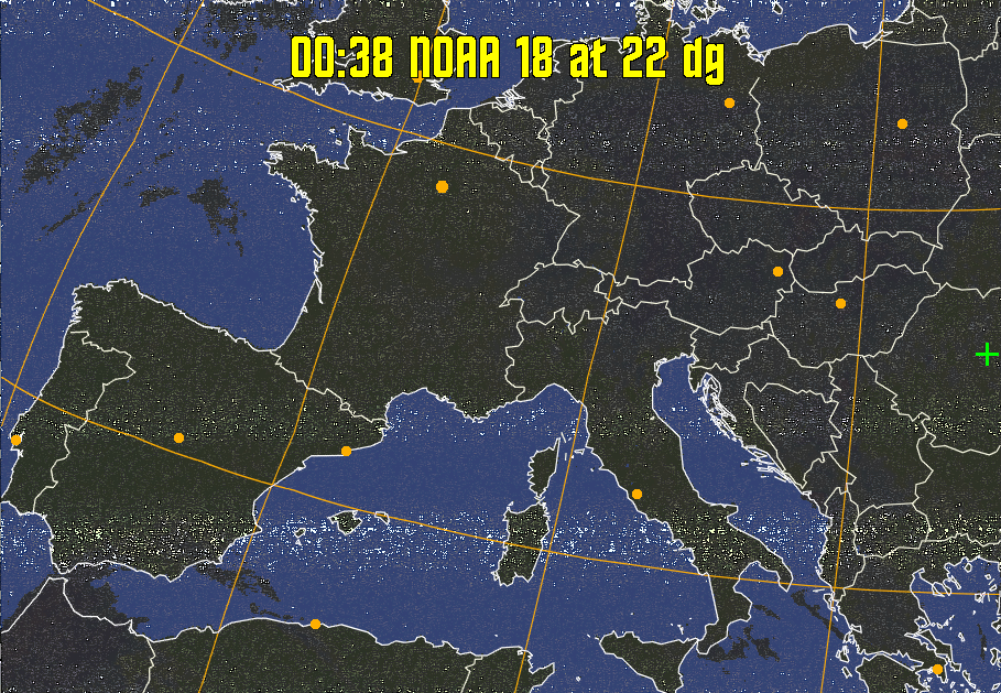 HVCT:
Similar to HVC, but with blue water and with colours more indicative of
land temperatures.
HVC:
Creates a false colour image from NOAA APT images based on temperature using
the HVC colour model. Uses the temperature derived from the sensor 4 image to
select the hue and the brightness from the histogram equalised other image to
select the value and chroma. The HVC colour model attempts to ensure that different colours at the same value will appear to the eye to be the same brightness
and the spacing between colours representing each degree will appear to the eye to
be similar. Bright areas are completely unsaturated in this model.