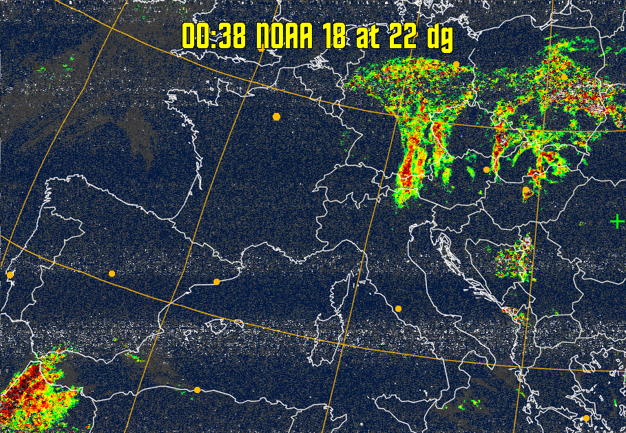 MSA-precip:
Same as MSA multispectral analysis, but high cold cloud tops are coloured the
same as the NO enhancement to give an approximate indication of the probability
and intensity of precipitation.