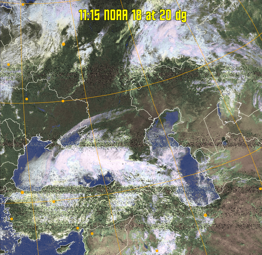 HVCT:
Similar to HVC, but with blue water and with colours more indicative of
land temperatures.
HVC:
Creates a false colour image from NOAA APT images based on temperature using
the HVC colour model. Uses the temperature derived from the sensor 4 image to
select the hue and the brightness from the histogram equalised other image to
select the value and chroma. The HVC colour model attempts to ensure that different colours at the same value will appear to the eye to be the same brightness
and the spacing between colours representing each degree will appear to the eye to
be similar. Bright areas are completely unsaturated in this model.