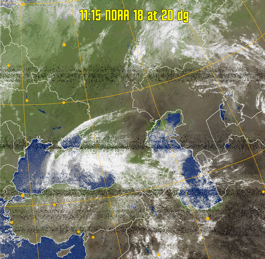MCIR-precip: 
Colours the NOAA sensor 4 IR image using a map to colour the sea blue and land
green. High clouds appear white, lower clouds gray or land/sea coloured, clouds
generally appear lighter, but distinguishing between land/sea and low cloud may
be difficult. Darker colours indicate warmer regions.