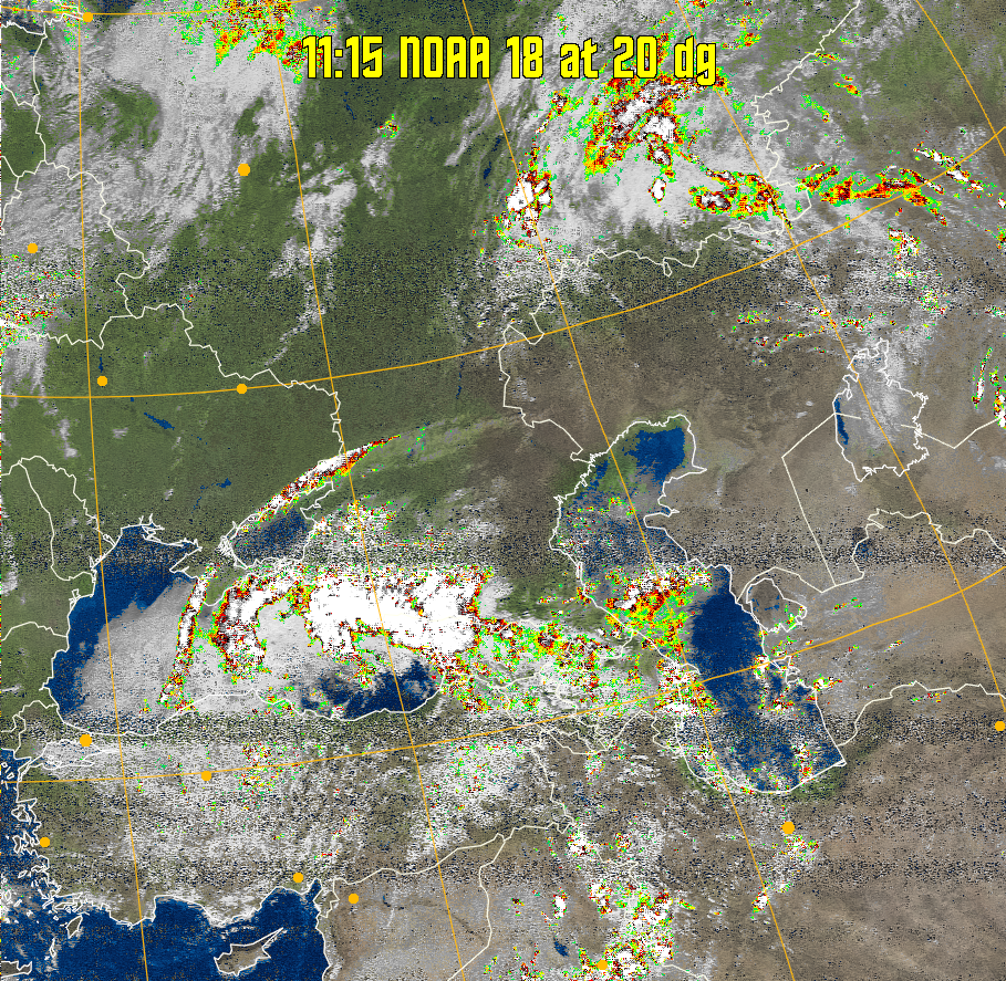 MSA-precip:
Same as MSA multispectral analysis, but high cold cloud tops are coloured the
same as the NO enhancement to give an approximate indication of the probability
and intensity of precipitation.