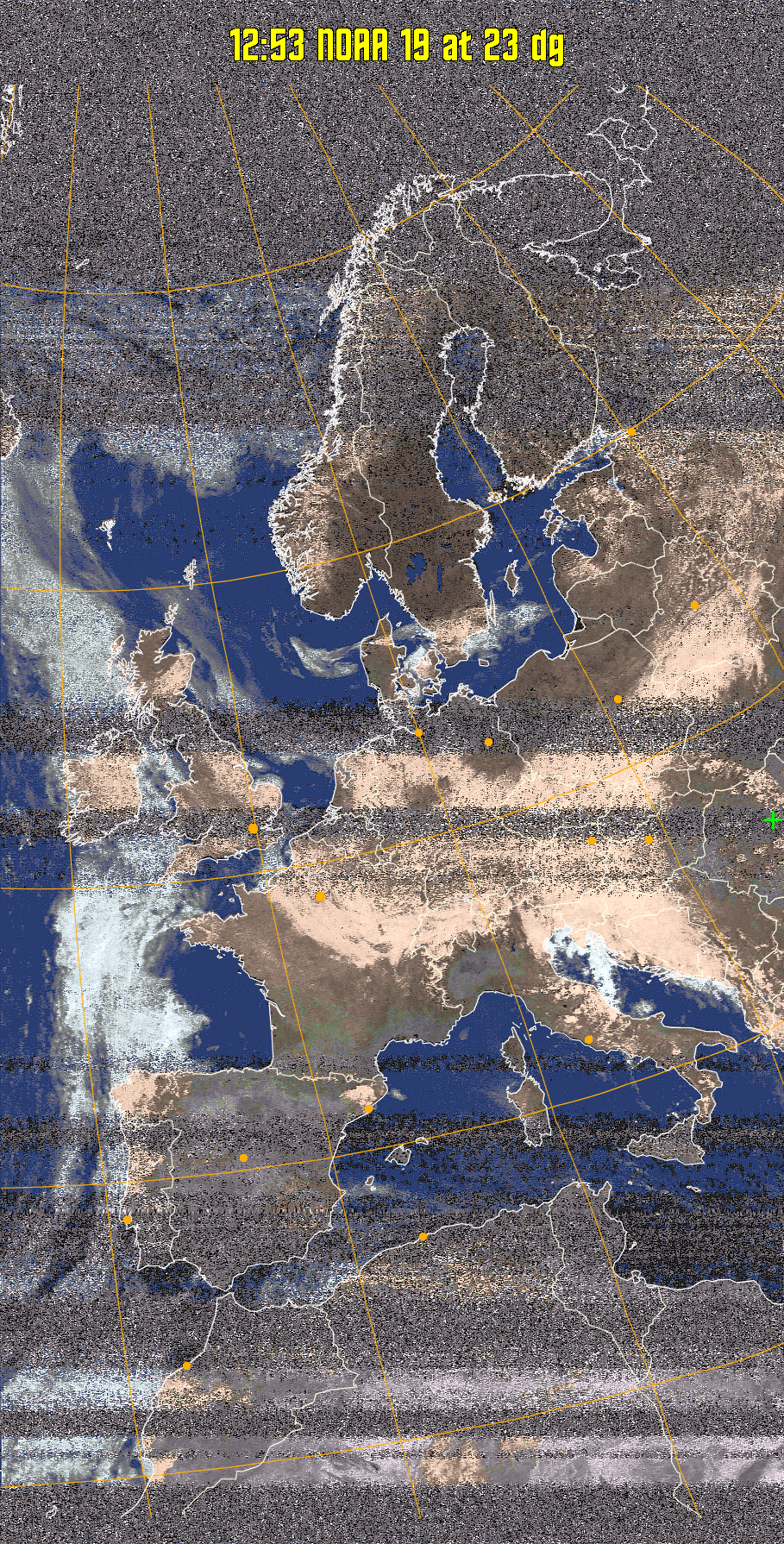 HVCT:
Similar to HVC, but with blue water and with colours more indicative of
land temperatures.
HVC:
Creates a false colour image from NOAA APT images based on temperature using
the HVC colour model. Uses the temperature derived from the sensor 4 image to
select the hue and the brightness from the histogram equalised other image to
select the value and chroma. The HVC colour model attempts to ensure that different colours at the same value will appear to the eye to be the same brightness
and the spacing between colours representing each degree will appear to the eye to
be similar. Bright areas are completely unsaturated in this model.