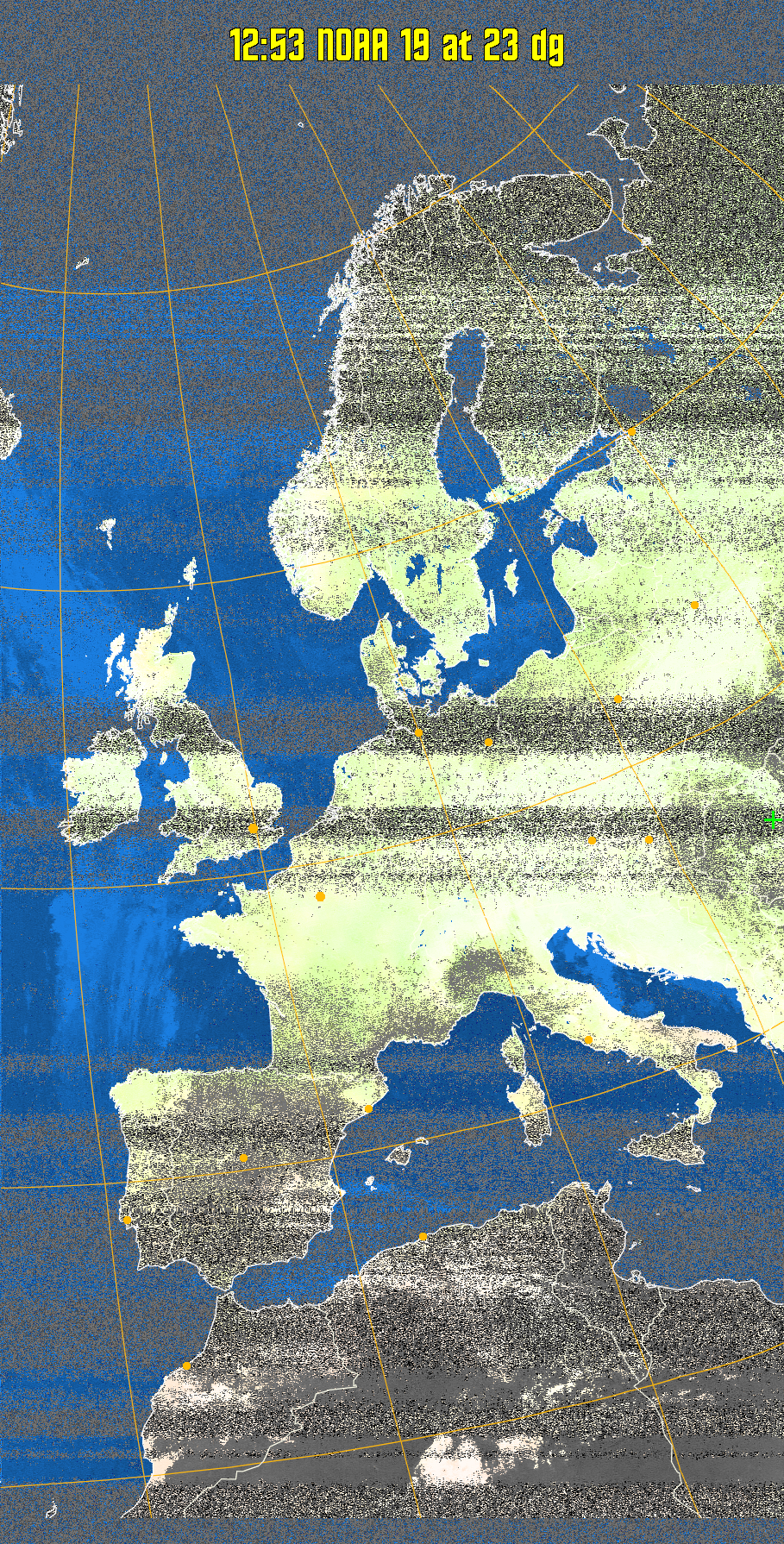 MCIR-precip: 
Colours the NOAA sensor 4 IR image using a map to colour the sea blue and land
green. High clouds appear white, lower clouds gray or land/sea coloured, clouds
generally appear lighter, but distinguishing between land/sea and low cloud may
be difficult. Darker colours indicate warmer regions.