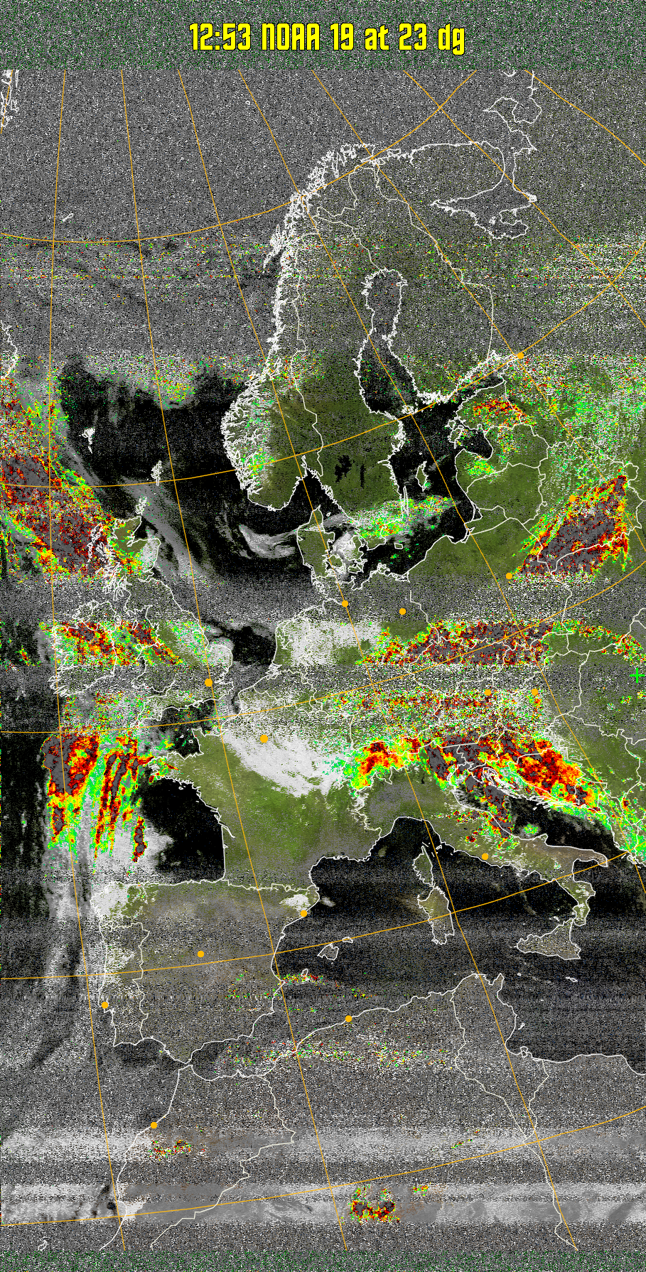 MSA-precip:
Same as MSA multispectral analysis, but high cold cloud tops are coloured the
same as the NO enhancement to give an approximate indication of the probability
and intensity of precipitation.