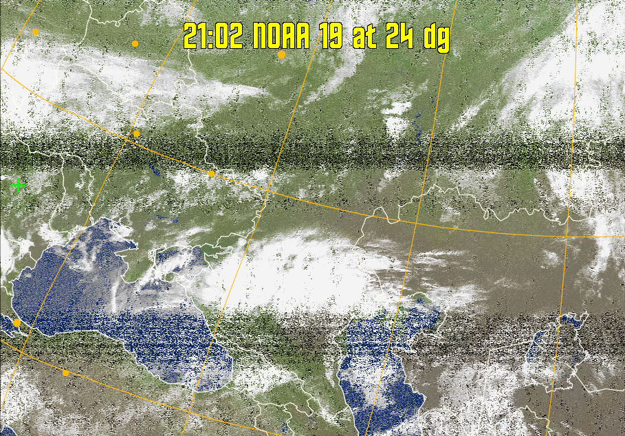 MCIR-precip: 
Colours the NOAA sensor 4 IR image using a map to colour the sea blue and land
green. High clouds appear white, lower clouds gray or land/sea coloured, clouds
generally appear lighter, but distinguishing between land/sea and low cloud may
be difficult. Darker colours indicate warmer regions.
