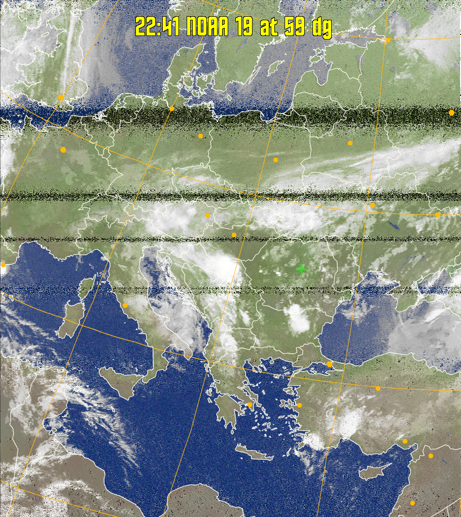 MCIR-precip: 
Colours the NOAA sensor 4 IR image using a map to colour the sea blue and land
green. High clouds appear white, lower clouds gray or land/sea coloured, clouds
generally appear lighter, but distinguishing between land/sea and low cloud may
be difficult. Darker colours indicate warmer regions.