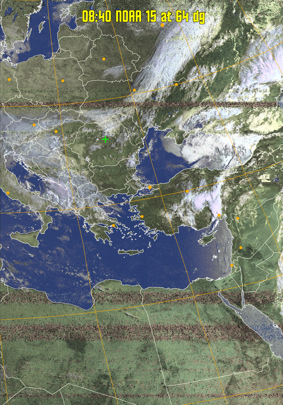 HVCT:
Similar to HVC, but with blue water and with colours more indicative of
land temperatures.
HVC:
Creates a false colour image from NOAA APT images based on temperature using
the HVC colour model. Uses the temperature derived from the sensor 4 image to
select the hue and the brightness from the histogram equalised other image to
select the value and chroma. The HVC colour model attempts to ensure that different colours at the same value will appear to the eye to be the same brightness
and the spacing between colours representing each degree will appear to the eye to
be similar. Bright areas are completely unsaturated in this model.