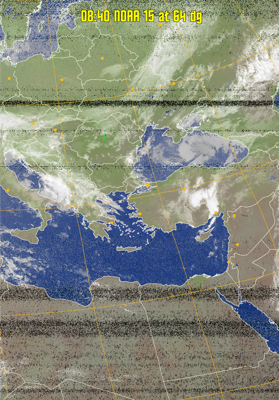 MCIR-precip: 
Colours the NOAA sensor 4 IR image using a map to colour the sea blue and land
green. High clouds appear white, lower clouds gray or land/sea coloured, clouds
generally appear lighter, but distinguishing between land/sea and low cloud may
be difficult. Darker colours indicate warmer regions.