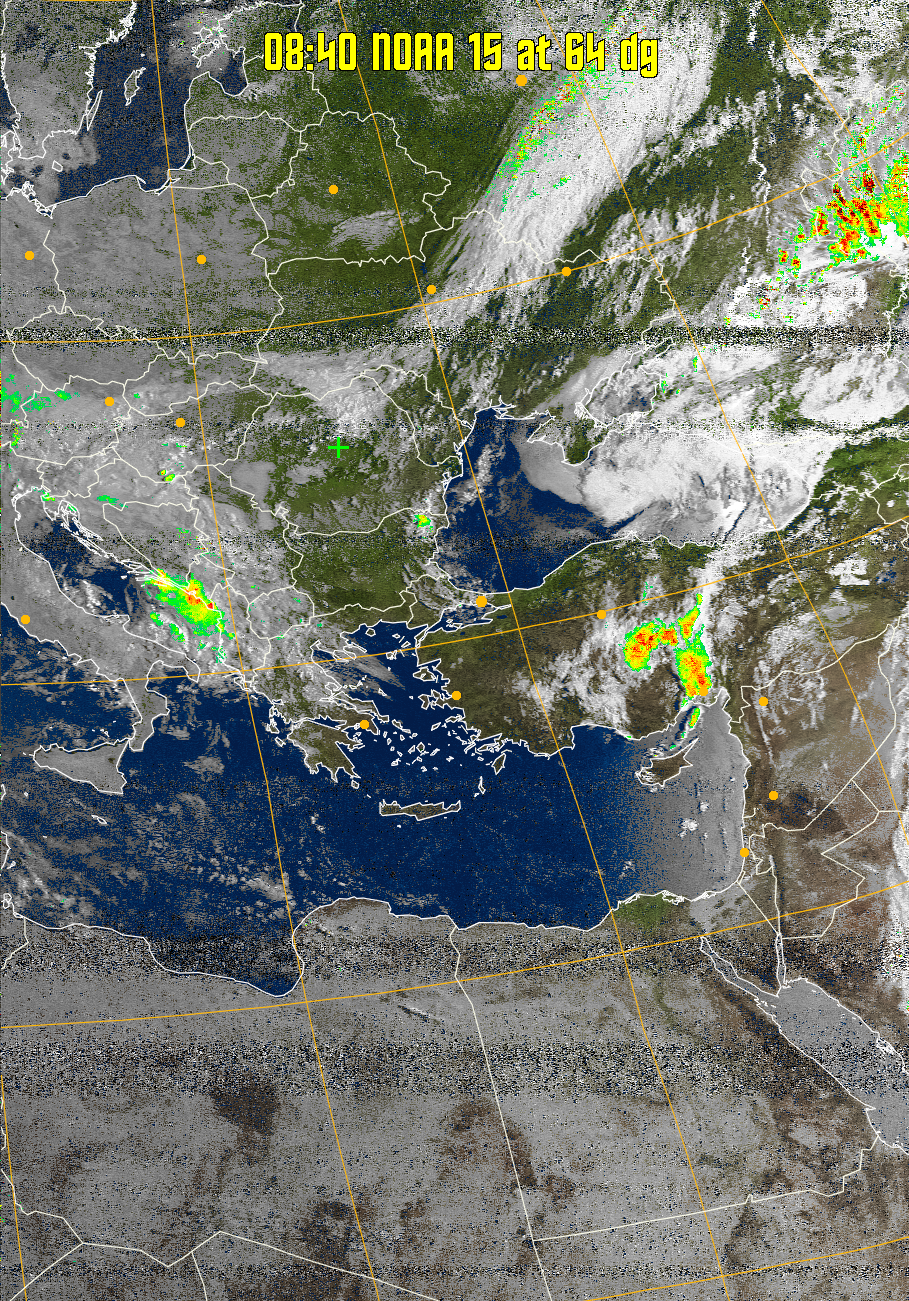 MSA-precip:
Same as MSA multispectral analysis, but high cold cloud tops are coloured the
same as the NO enhancement to give an approximate indication of the probability
and intensity of precipitation.
