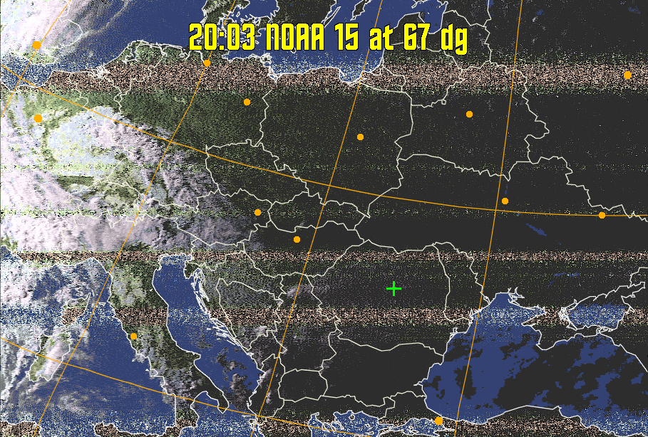 HVCT:
Similar to HVC, but with blue water and with colours more indicative of
land temperatures.
HVC:
Creates a false colour image from NOAA APT images based on temperature using
the HVC colour model. Uses the temperature derived from the sensor 4 image to
select the hue and the brightness from the histogram equalised other image to
select the value and chroma. The HVC colour model attempts to ensure that different colours at the same value will appear to the eye to be the same brightness
and the spacing between colours representing each degree will appear to the eye to
be similar. Bright areas are completely unsaturated in this model.