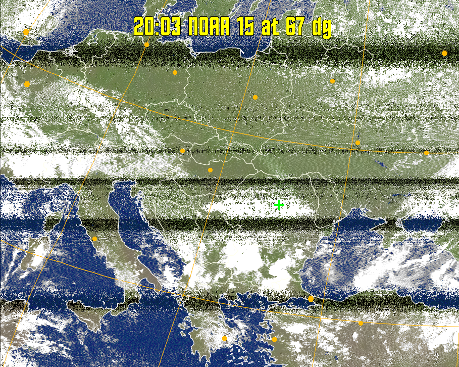 MCIR-precip: 
Colours the NOAA sensor 4 IR image using a map to colour the sea blue and land
green. High clouds appear white, lower clouds gray or land/sea coloured, clouds
generally appear lighter, but distinguishing between land/sea and low cloud may
be difficult. Darker colours indicate warmer regions.