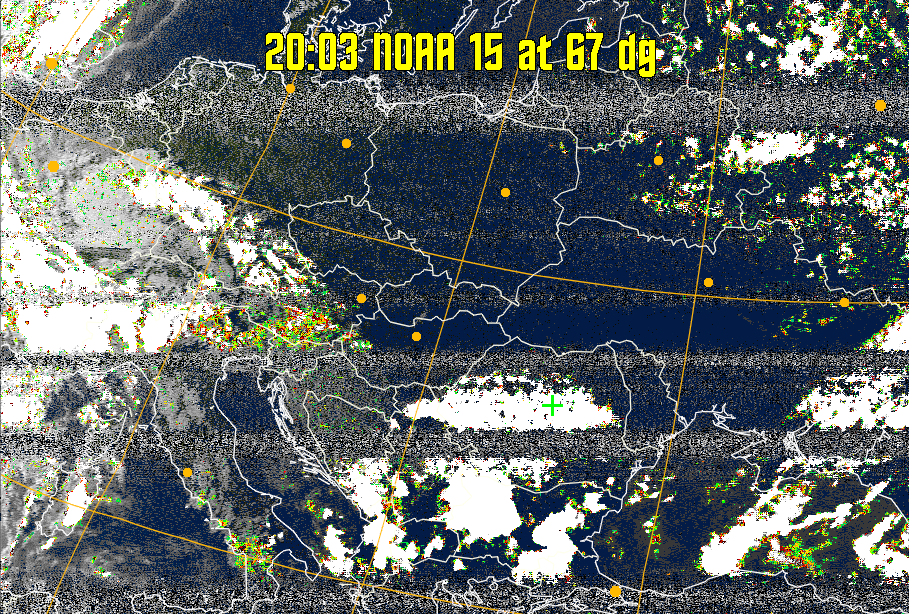 MSA-precip:
Same as MSA multispectral analysis, but high cold cloud tops are coloured the
same as the NO enhancement to give an approximate indication of the probability
and intensity of precipitation.