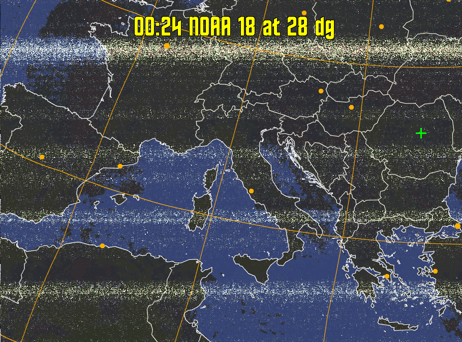 HVCT:
Similar to HVC, but with blue water and with colours more indicative of
land temperatures.
HVC:
Creates a false colour image from NOAA APT images based on temperature using
the HVC colour model. Uses the temperature derived from the sensor 4 image to
select the hue and the brightness from the histogram equalised other image to
select the value and chroma. The HVC colour model attempts to ensure that different colours at the same value will appear to the eye to be the same brightness
and the spacing between colours representing each degree will appear to the eye to
be similar. Bright areas are completely unsaturated in this model.