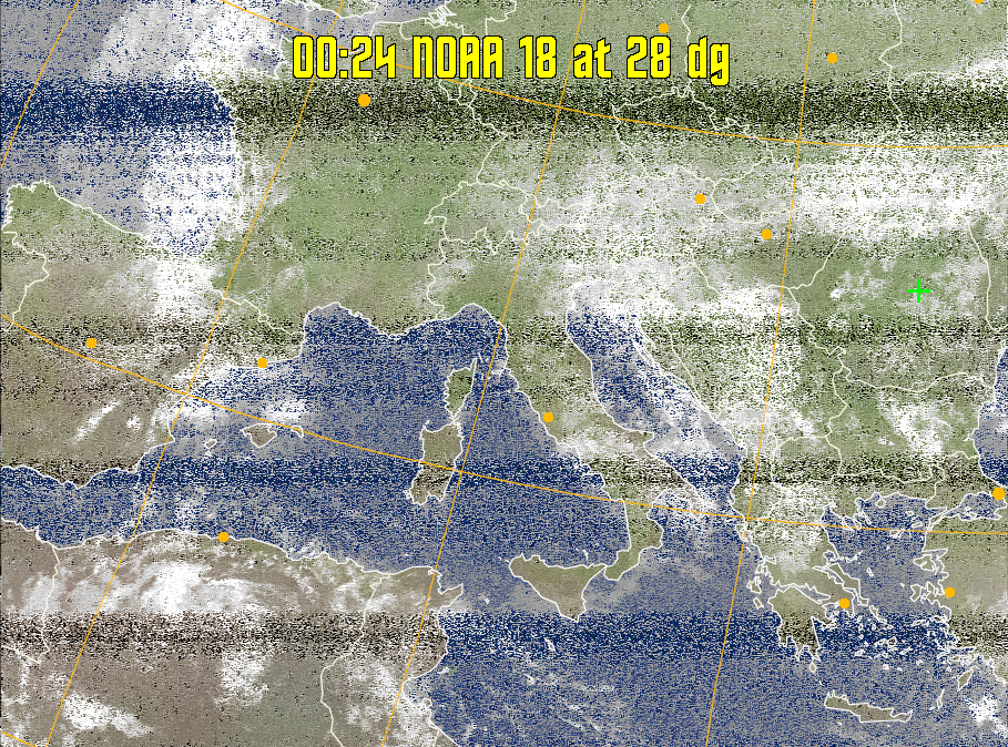 MCIR-precip: 
Colours the NOAA sensor 4 IR image using a map to colour the sea blue and land
green. High clouds appear white, lower clouds gray or land/sea coloured, clouds
generally appear lighter, but distinguishing between land/sea and low cloud may
be difficult. Darker colours indicate warmer regions.