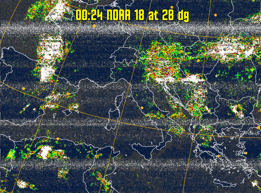MSA-precip:
Same as MSA multispectral analysis, but high cold cloud tops are coloured the
same as the NO enhancement to give an approximate indication of the probability
and intensity of precipitation.