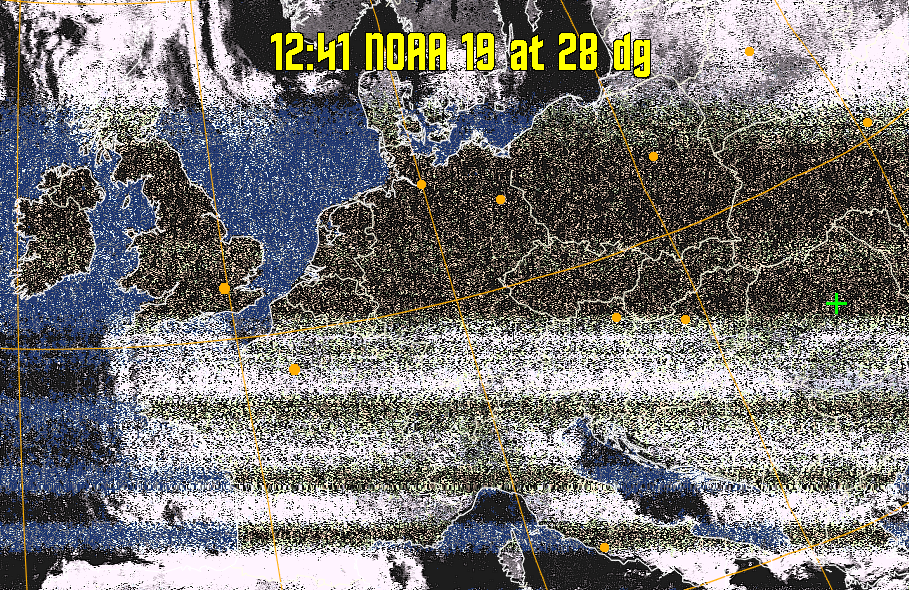 HVCT:
Similar to HVC, but with blue water and with colours more indicative of
land temperatures.
HVC:
Creates a false colour image from NOAA APT images based on temperature using
the HVC colour model. Uses the temperature derived from the sensor 4 image to
select the hue and the brightness from the histogram equalised other image to
select the value and chroma. The HVC colour model attempts to ensure that different colours at the same value will appear to the eye to be the same brightness
and the spacing between colours representing each degree will appear to the eye to
be similar. Bright areas are completely unsaturated in this model.