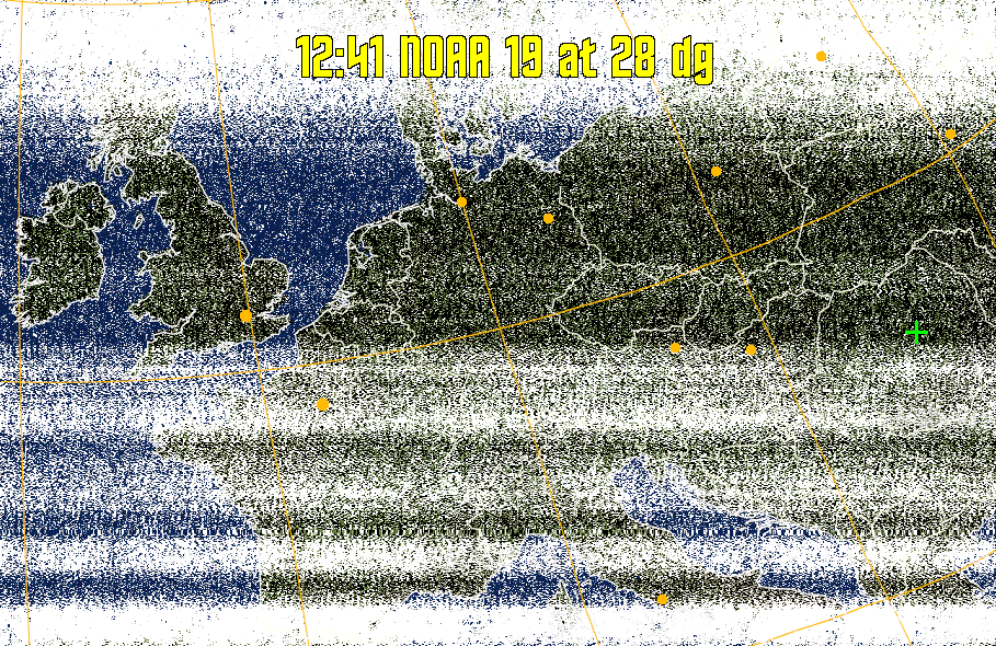 MCIR-precip: 
Colours the NOAA sensor 4 IR image using a map to colour the sea blue and land
green. High clouds appear white, lower clouds gray or land/sea coloured, clouds
generally appear lighter, but distinguishing between land/sea and low cloud may
be difficult. Darker colours indicate warmer regions.
