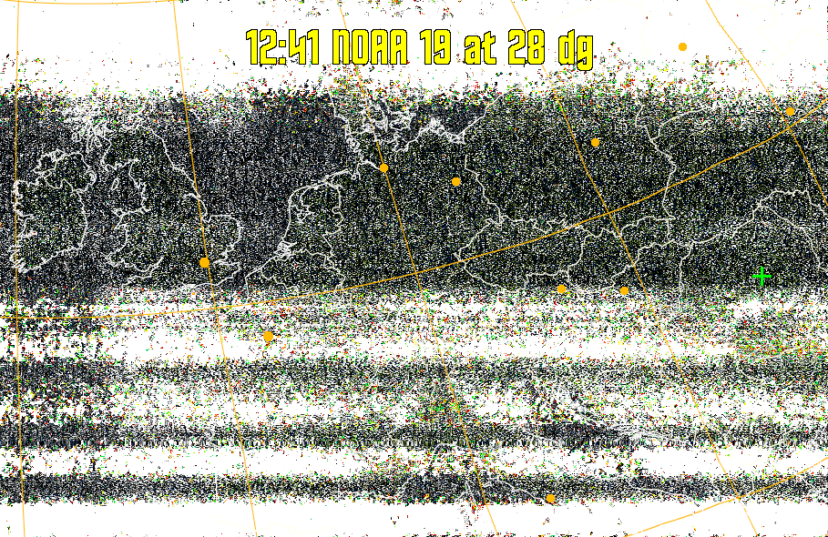 MSA-precip:
Same as MSA multispectral analysis, but high cold cloud tops are coloured the
same as the NO enhancement to give an approximate indication of the probability
and intensity of precipitation.