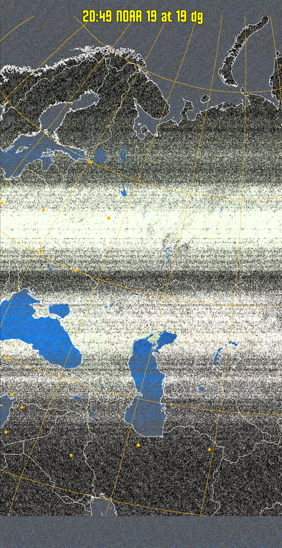 MCIR-precip: 
Colours the NOAA sensor 4 IR image using a map to colour the sea blue and land
green. High clouds appear white, lower clouds gray or land/sea coloured, clouds
generally appear lighter, but distinguishing between land/sea and low cloud may
be difficult. Darker colours indicate warmer regions.