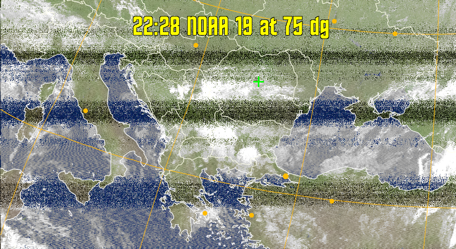 MCIR-precip: 
Colours the NOAA sensor 4 IR image using a map to colour the sea blue and land
green. High clouds appear white, lower clouds gray or land/sea coloured, clouds
generally appear lighter, but distinguishing between land/sea and low cloud may
be difficult. Darker colours indicate warmer regions.