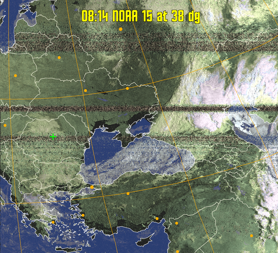 HVCT:
Similar to HVC, but with blue water and with colours more indicative of
land temperatures.
HVC:
Creates a false colour image from NOAA APT images based on temperature using
the HVC colour model. Uses the temperature derived from the sensor 4 image to
select the hue and the brightness from the histogram equalised other image to
select the value and chroma. The HVC colour model attempts to ensure that different colours at the same value will appear to the eye to be the same brightness
and the spacing between colours representing each degree will appear to the eye to
be similar. Bright areas are completely unsaturated in this model.