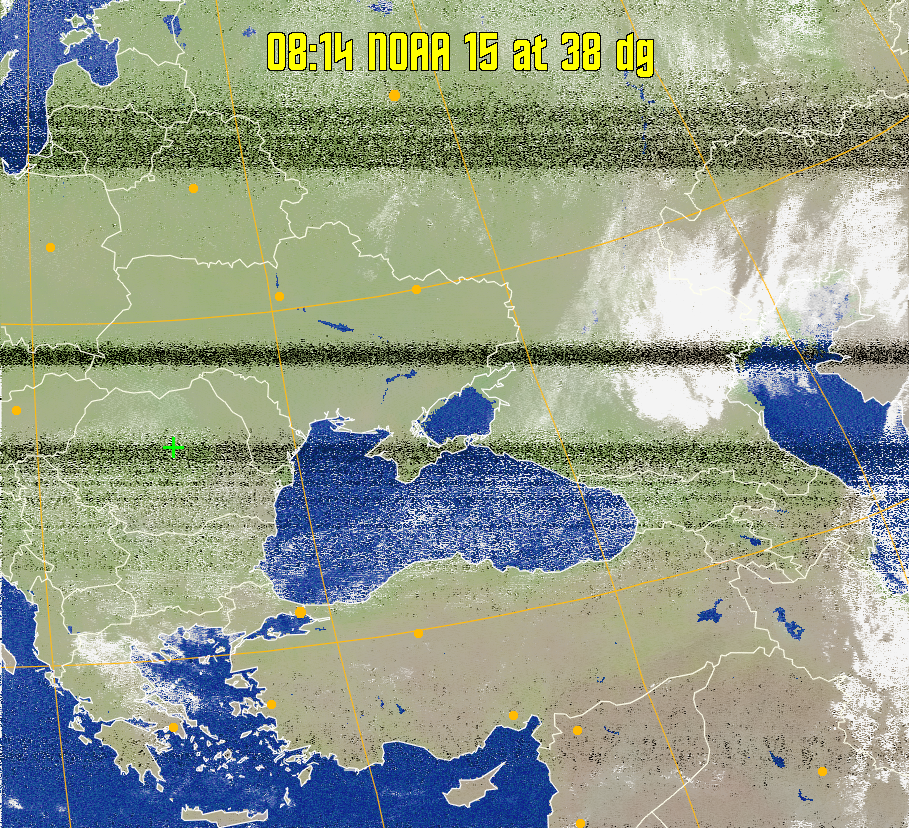 MCIR-precip: 
Colours the NOAA sensor 4 IR image using a map to colour the sea blue and land
green. High clouds appear white, lower clouds gray or land/sea coloured, clouds
generally appear lighter, but distinguishing between land/sea and low cloud may
be difficult. Darker colours indicate warmer regions.