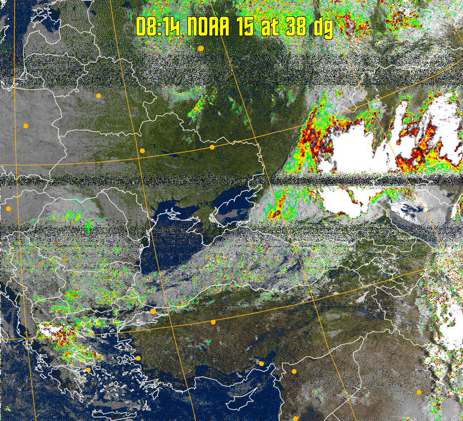 MSA-precip:
Same as MSA multispectral analysis, but high cold cloud tops are coloured the
same as the NO enhancement to give an approximate indication of the probability
and intensity of precipitation.