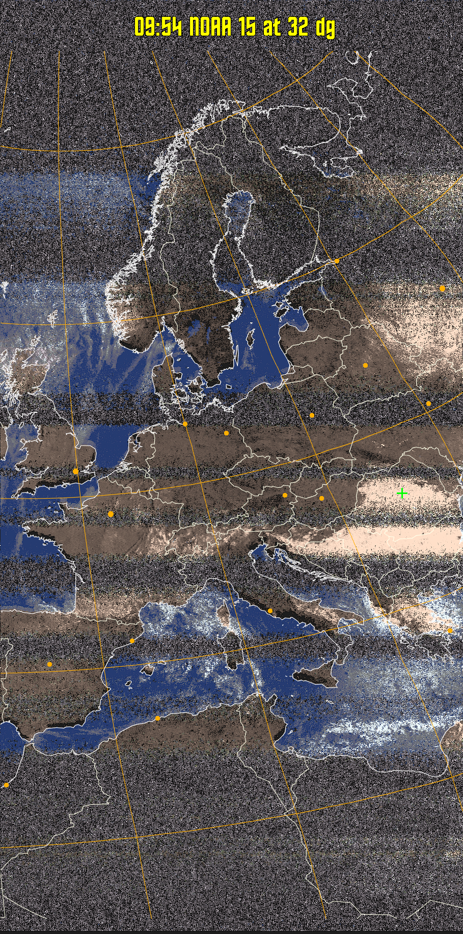 HVCT:
Similar to HVC, but with blue water and with colours more indicative of
land temperatures.
HVC:
Creates a false colour image from NOAA APT images based on temperature using
the HVC colour model. Uses the temperature derived from the sensor 4 image to
select the hue and the brightness from the histogram equalised other image to
select the value and chroma. The HVC colour model attempts to ensure that different colours at the same value will appear to the eye to be the same brightness
and the spacing between colours representing each degree will appear to the eye to
be similar. Bright areas are completely unsaturated in this model.