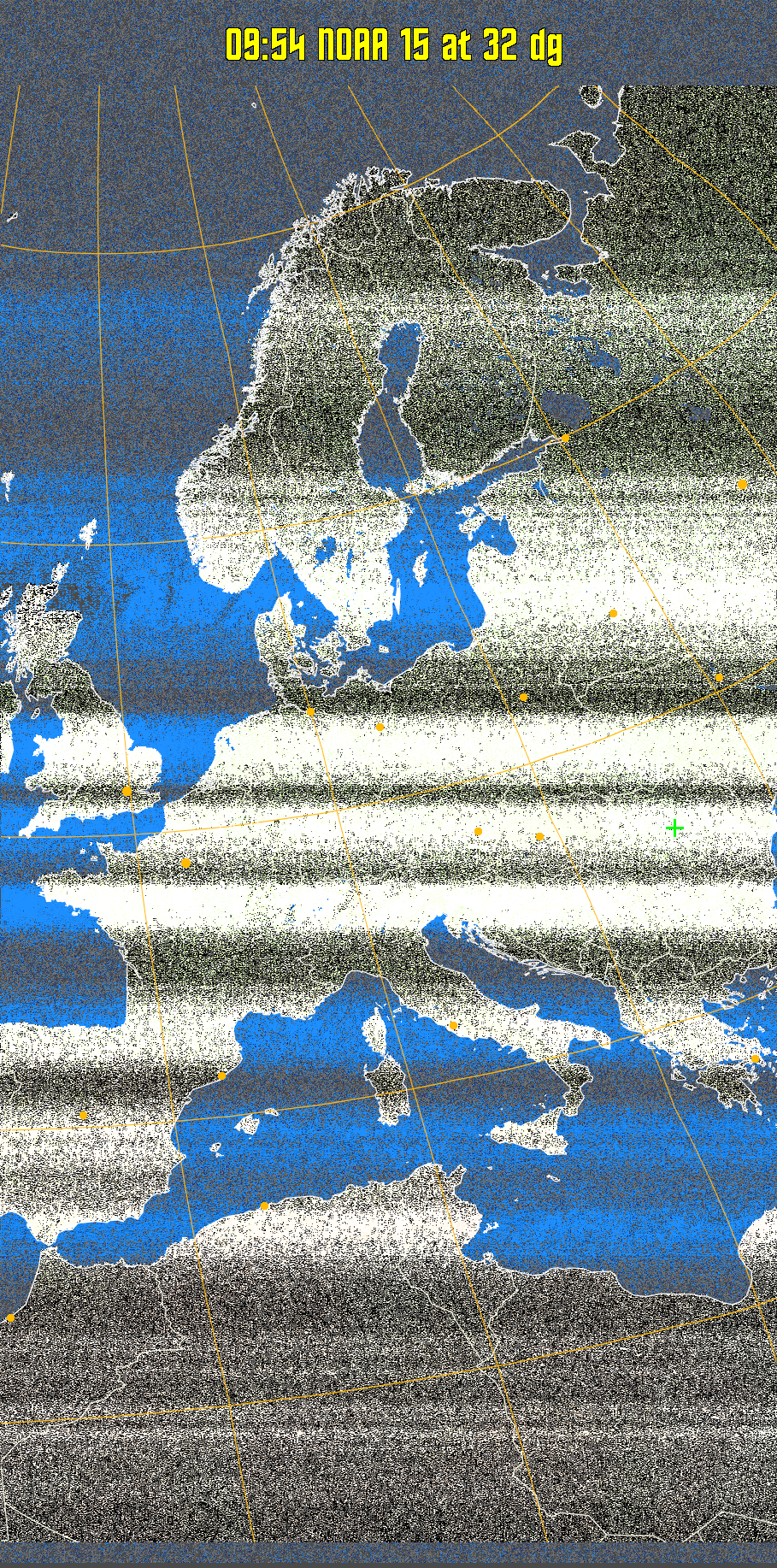 MCIR-precip: 
Colours the NOAA sensor 4 IR image using a map to colour the sea blue and land
green. High clouds appear white, lower clouds gray or land/sea coloured, clouds
generally appear lighter, but distinguishing between land/sea and low cloud may
be difficult. Darker colours indicate warmer regions.