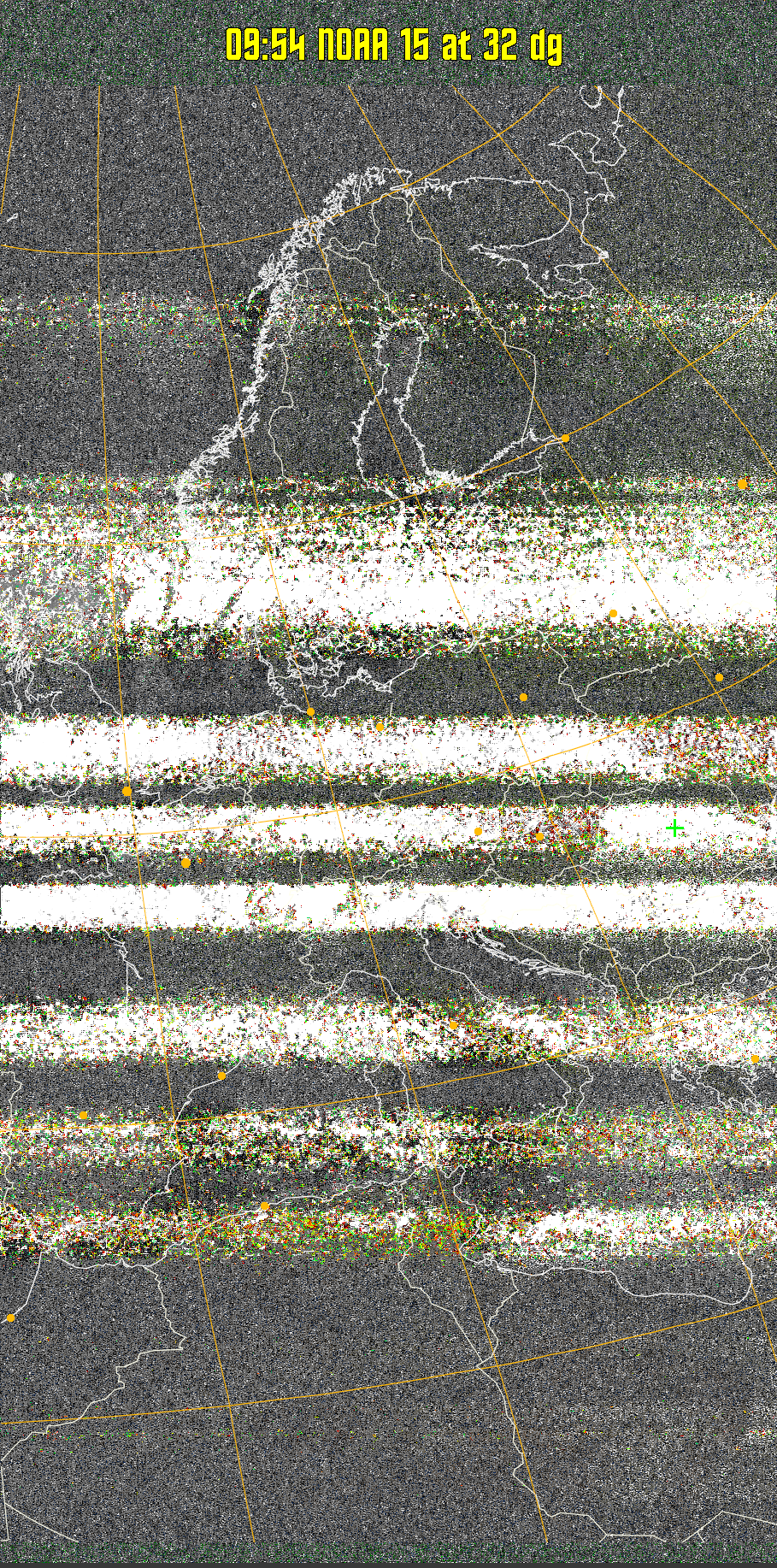 MSA-precip:
Same as MSA multispectral analysis, but high cold cloud tops are coloured the
same as the NO enhancement to give an approximate indication of the probability
and intensity of precipitation.