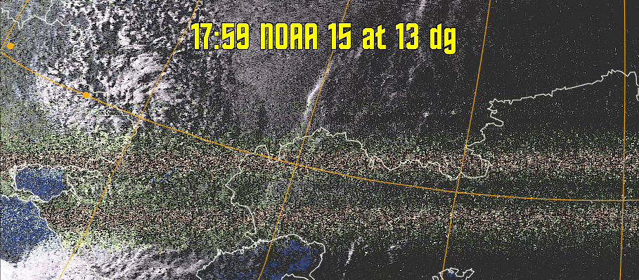 HVCT:
Similar to HVC, but with blue water and with colours more indicative of
land temperatures.
HVC:
Creates a false colour image from NOAA APT images based on temperature using
the HVC colour model. Uses the temperature derived from the sensor 4 image to
select the hue and the brightness from the histogram equalised other image to
select the value and chroma. The HVC colour model attempts to ensure that different colours at the same value will appear to the eye to be the same brightness
and the spacing between colours representing each degree will appear to the eye to
be similar. Bright areas are completely unsaturated in this model.