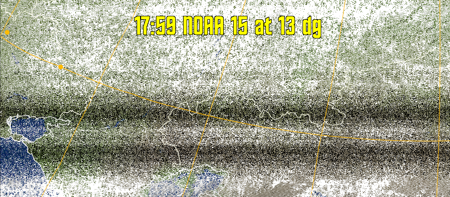 MCIR-precip: 
Colours the NOAA sensor 4 IR image using a map to colour the sea blue and land
green. High clouds appear white, lower clouds gray or land/sea coloured, clouds
generally appear lighter, but distinguishing between land/sea and low cloud may
be difficult. Darker colours indicate warmer regions.
