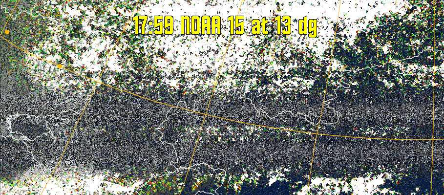 MSA-precip:
Same as MSA multispectral analysis, but high cold cloud tops are coloured the
same as the NO enhancement to give an approximate indication of the probability
and intensity of precipitation.
