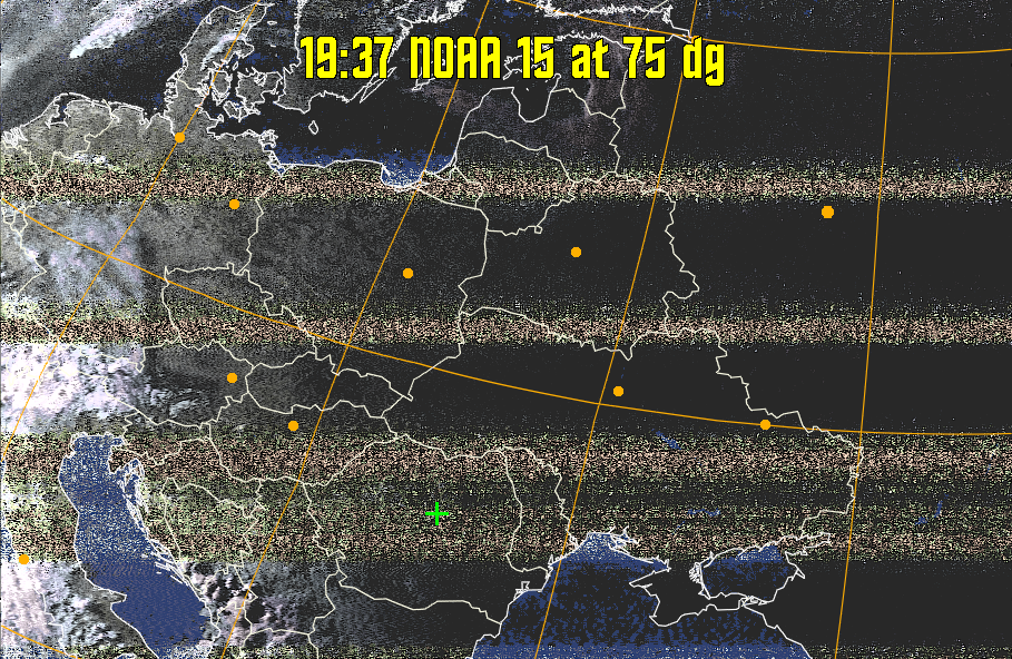 HVCT:
Similar to HVC, but with blue water and with colours more indicative of
land temperatures.
HVC:
Creates a false colour image from NOAA APT images based on temperature using
the HVC colour model. Uses the temperature derived from the sensor 4 image to
select the hue and the brightness from the histogram equalised other image to
select the value and chroma. The HVC colour model attempts to ensure that different colours at the same value will appear to the eye to be the same brightness
and the spacing between colours representing each degree will appear to the eye to
be similar. Bright areas are completely unsaturated in this model.