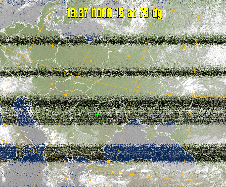MCIR-precip: 
Colours the NOAA sensor 4 IR image using a map to colour the sea blue and land
green. High clouds appear white, lower clouds gray or land/sea coloured, clouds
generally appear lighter, but distinguishing between land/sea and low cloud may
be difficult. Darker colours indicate warmer regions.