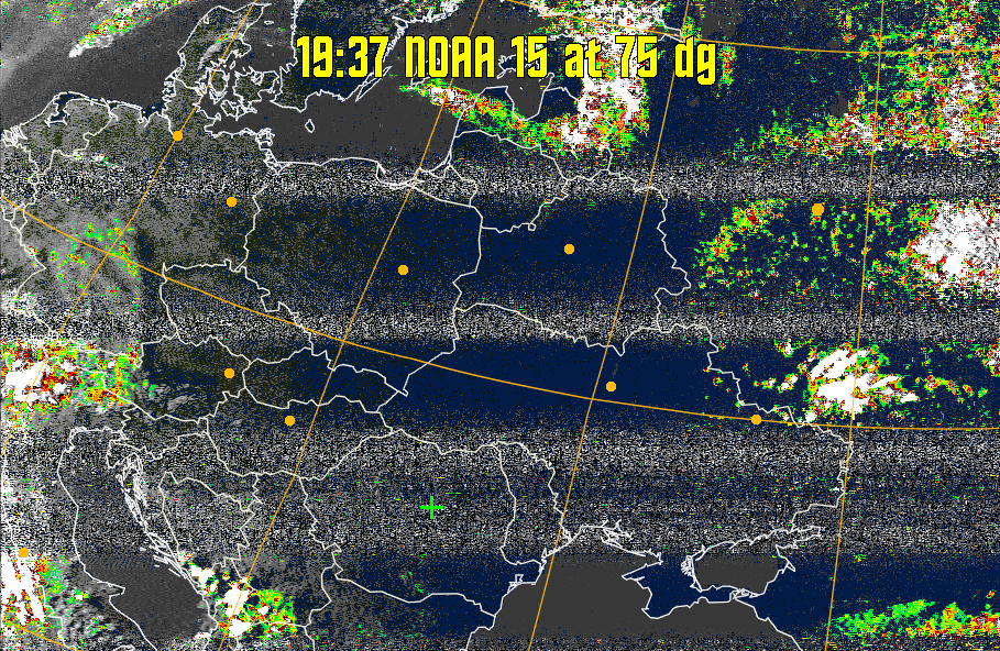MSA-precip:
Same as MSA multispectral analysis, but high cold cloud tops are coloured the
same as the NO enhancement to give an approximate indication of the probability
and intensity of precipitation.