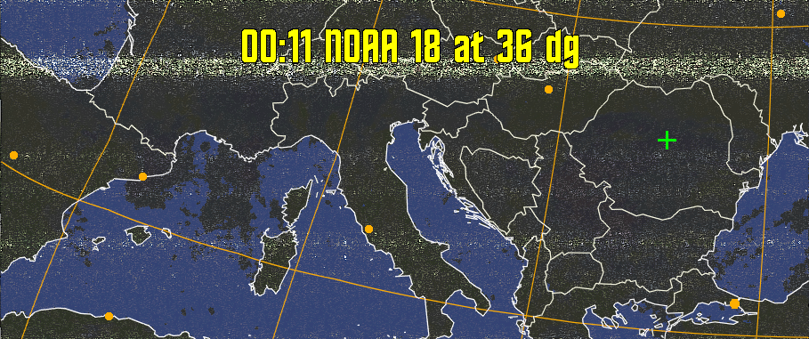 HVCT:
Similar to HVC, but with blue water and with colours more indicative of
land temperatures.
HVC:
Creates a false colour image from NOAA APT images based on temperature using
the HVC colour model. Uses the temperature derived from the sensor 4 image to
select the hue and the brightness from the histogram equalised other image to
select the value and chroma. The HVC colour model attempts to ensure that different colours at the same value will appear to the eye to be the same brightness
and the spacing between colours representing each degree will appear to the eye to
be similar. Bright areas are completely unsaturated in this model.
