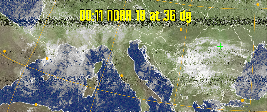 MCIR-precip: 
Colours the NOAA sensor 4 IR image using a map to colour the sea blue and land
green. High clouds appear white, lower clouds gray or land/sea coloured, clouds
generally appear lighter, but distinguishing between land/sea and low cloud may
be difficult. Darker colours indicate warmer regions.