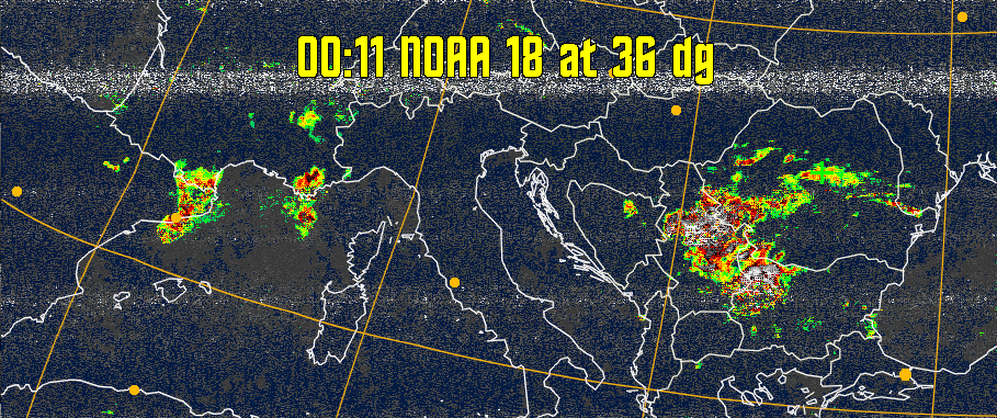 MSA-precip:
Same as MSA multispectral analysis, but high cold cloud tops are coloured the
same as the NO enhancement to give an approximate indication of the probability
and intensity of precipitation.