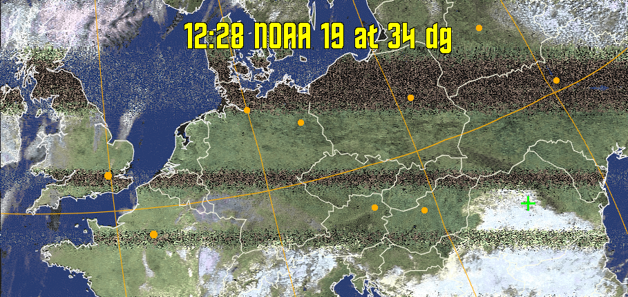 HVCT:
Similar to HVC, but with blue water and with colours more indicative of
land temperatures.
HVC:
Creates a false colour image from NOAA APT images based on temperature using
the HVC colour model. Uses the temperature derived from the sensor 4 image to
select the hue and the brightness from the histogram equalised other image to
select the value and chroma. The HVC colour model attempts to ensure that different colours at the same value will appear to the eye to be the same brightness
and the spacing between colours representing each degree will appear to the eye to
be similar. Bright areas are completely unsaturated in this model.