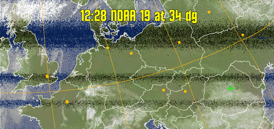 MCIR-precip: 
Colours the NOAA sensor 4 IR image using a map to colour the sea blue and land
green. High clouds appear white, lower clouds gray or land/sea coloured, clouds
generally appear lighter, but distinguishing between land/sea and low cloud may
be difficult. Darker colours indicate warmer regions.